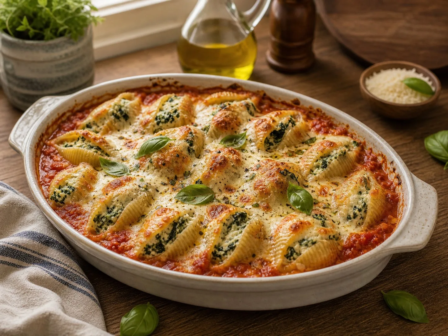 Baked conchiglie shells with spinach, ricotta, tomato sauce and mozzarella