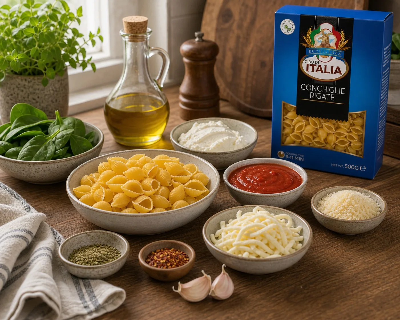 Ingredients for spinach ricotta conchiglie bake with Cibo di Italia Conchiglie Rigate pack
