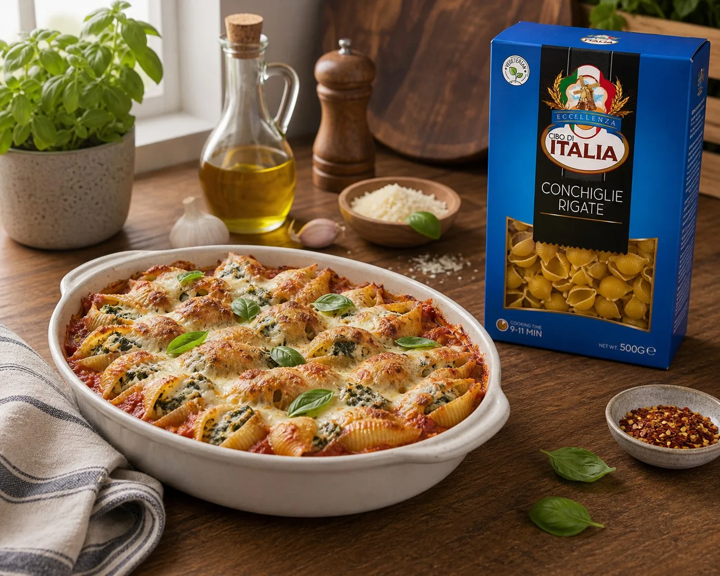 Serving dish of spinach ricotta conchiglie bake with Cibo di Italia Conchiglie Rigate pack