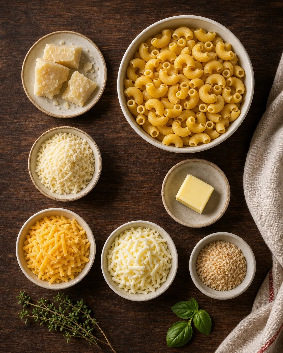 Muffin tin filled with pasta mixture topped with parmesan breadcrumbs before baking