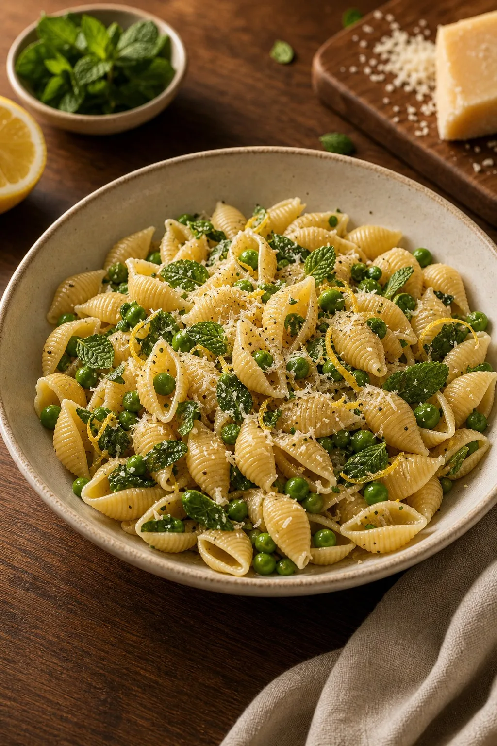 Weeknight Conchiglie with Peas & Mint plated and ready to serve