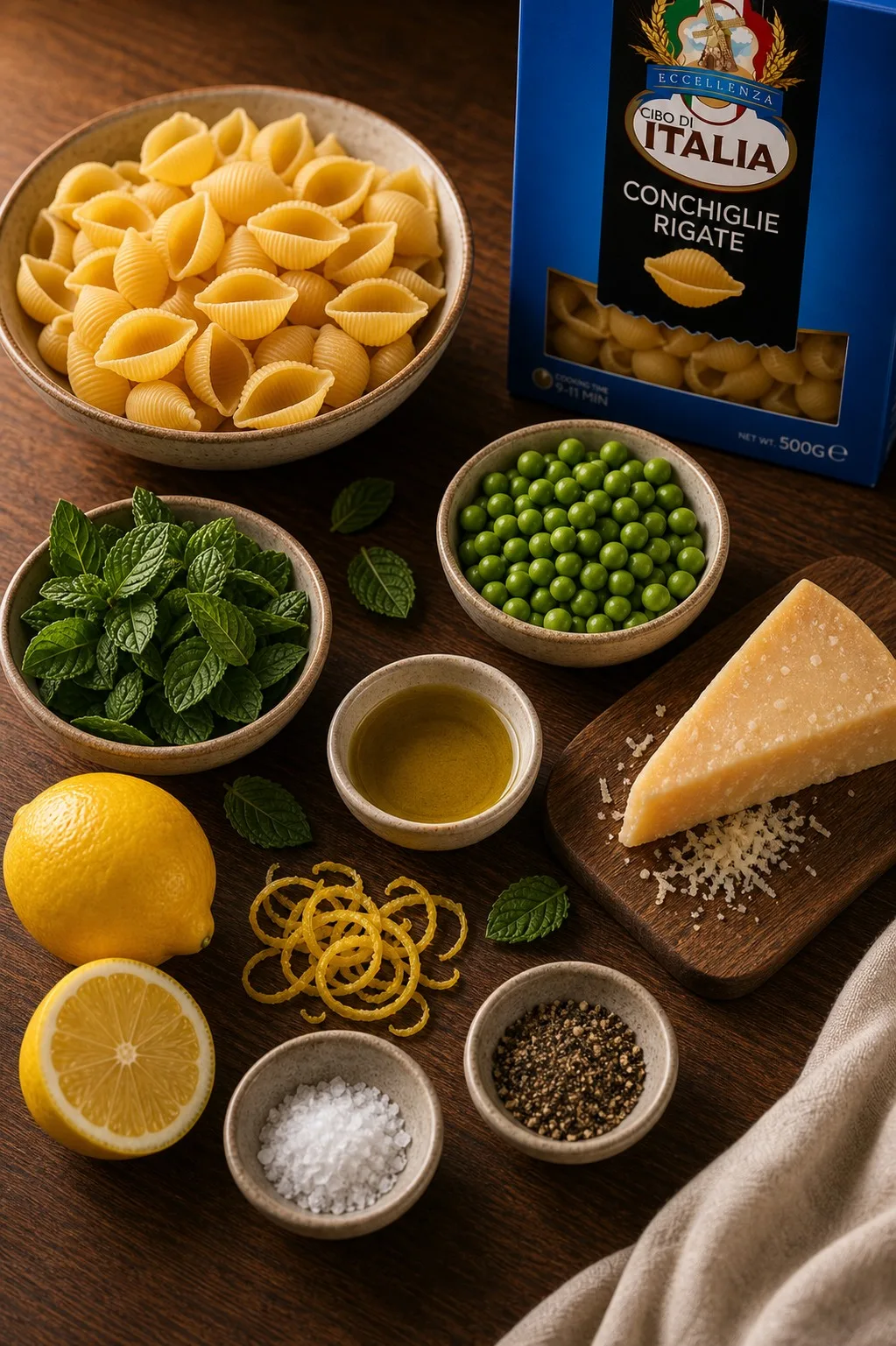 Ingredients for Weeknight Conchiglie with Peas & Mint