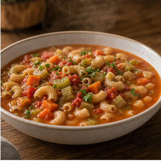 Bowl of tomato vegetable soup with beans and whole wheat macaroni
