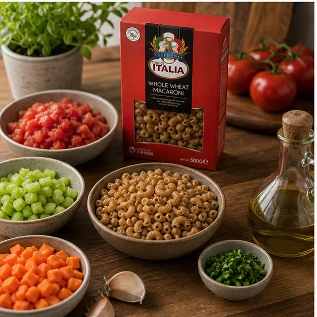 Ingredients for whole wheat macaroni vegetable soup with Cibo di Italia Whole Wheat Macaroni pack