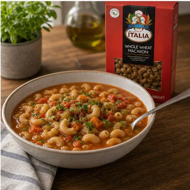 Serving bowl of vegetable macaroni soup with Cibo di Italia Whole Wheat Macaroni pack