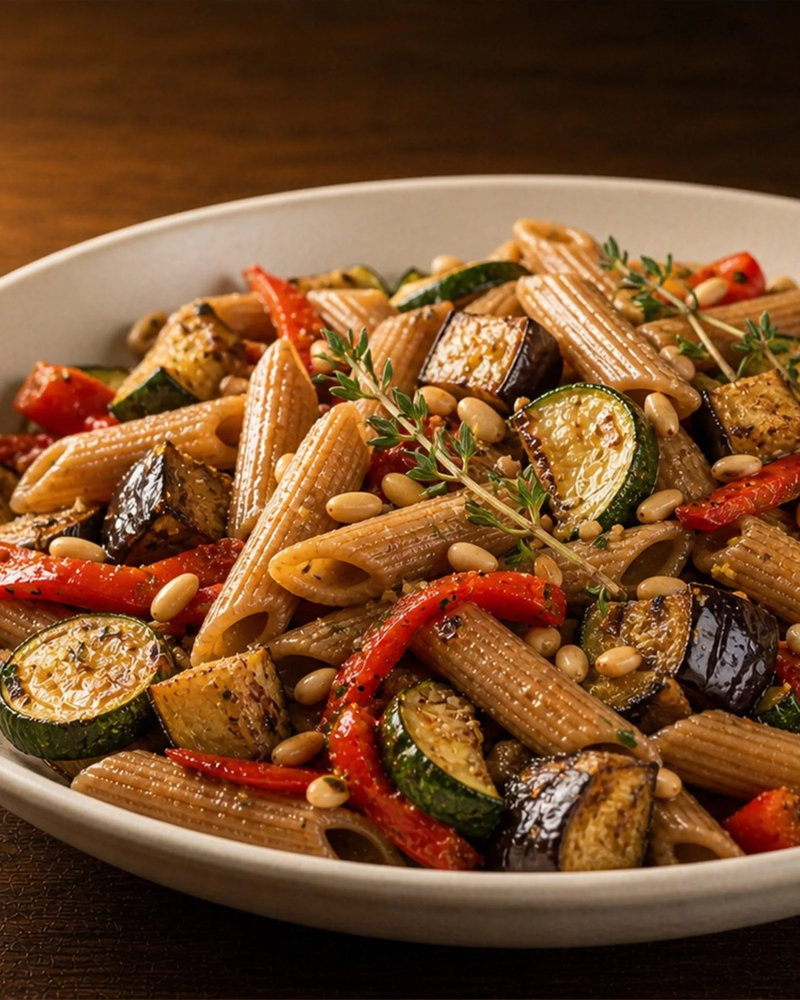 Whole Wheat Pasta with Roasted Vegetables plated and ready to serve