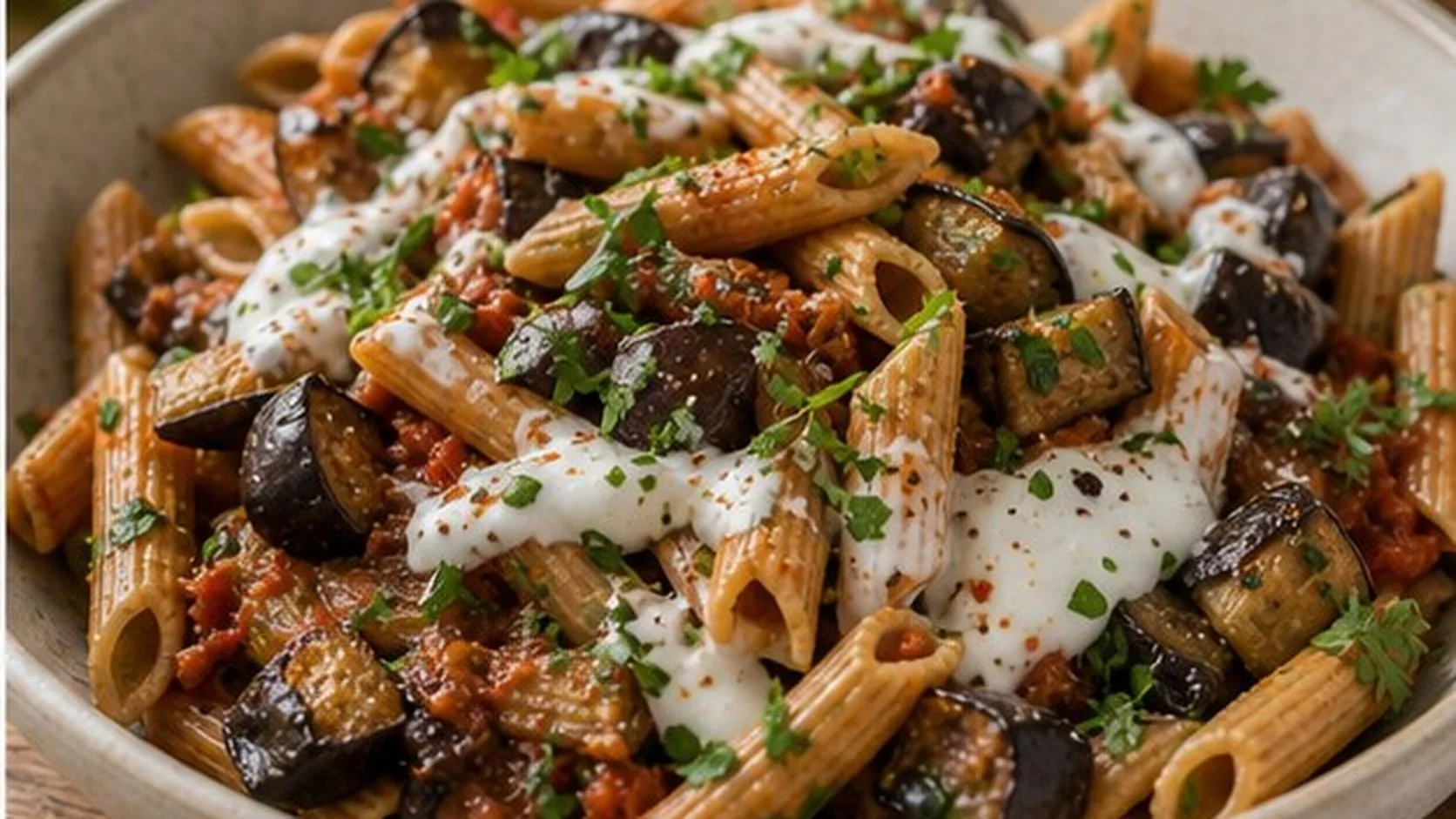 Whole wheat penne with roasted eggplant and yoghurt beside a Cibo di Italia Whole Wheat Penne pack