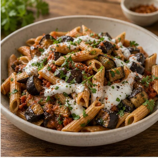 Bowl of whole wheat penne with roasted eggplant, tomato sauce, yoghurt and mint