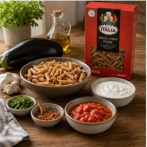 Ingredients for whole wheat penne with eggplant and yoghurt with Cibo di Italia Whole Wheat Penne pack