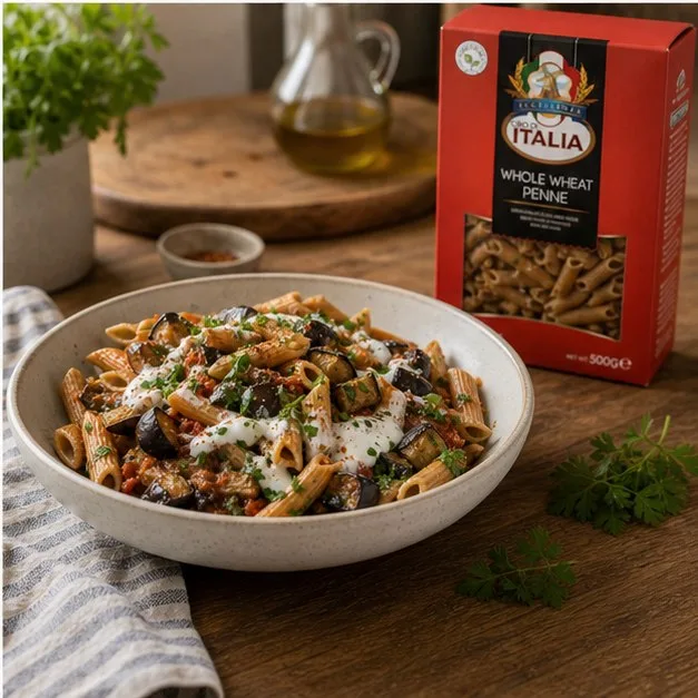 Serving bowl of eggplant whole wheat penne with Cibo di Italia Whole Wheat Penne pack