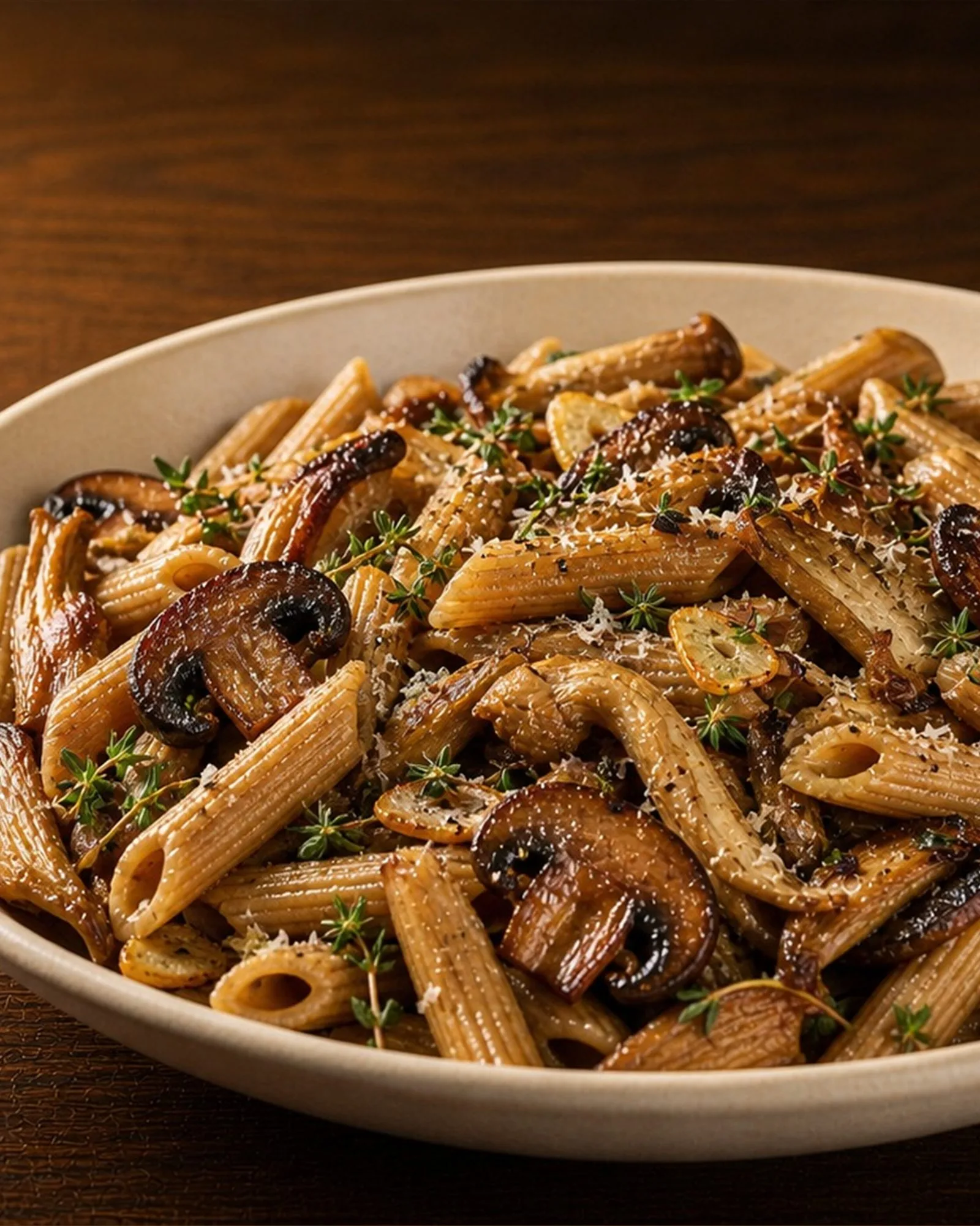 Whole Wheat Penne with Roasted Mushrooms plated and ready to serve