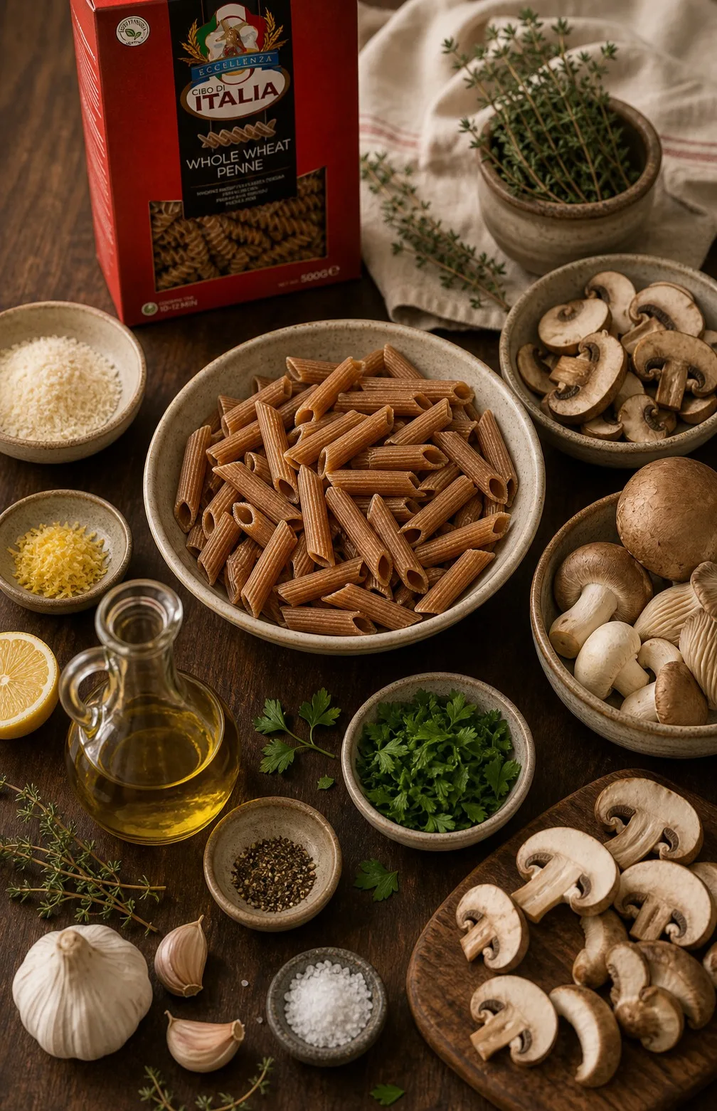 Ingredients for Whole Wheat Penne with Roasted Mushrooms